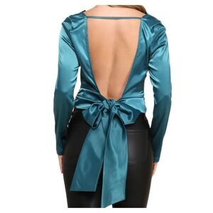 NWT Lulus teal green satin top size M open back big bow.